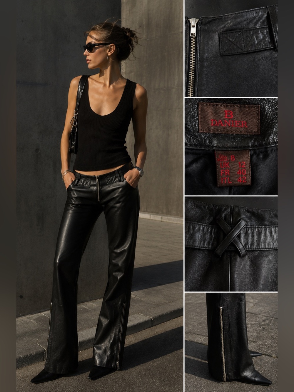 Danier Genuine Leather Low Rise Pants Black Y2K Zip Hem Bootcut Size 8